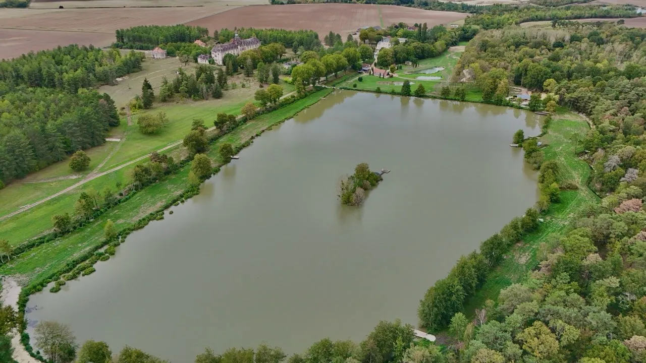 Vue aérienne du grand étang et de son îlot arboré à La Haute Barde